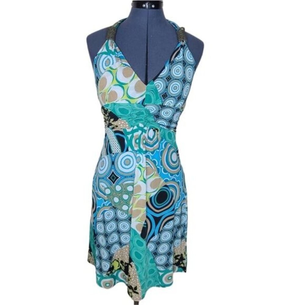 White Mark Patchwork Pattern Halter Neck Sun Dres… - image 1